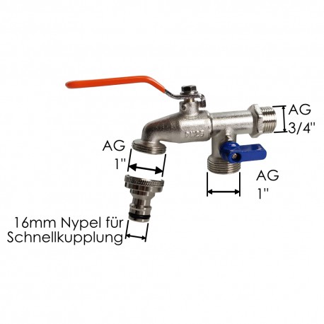 DUO Kugelhahn 3/4" AG mit  2x AG 1" Abgang