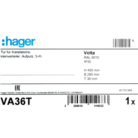 Tür für Aufputzverteiler Hager Volta Verteilerkasten Metall links für den Innenbereich VA36T