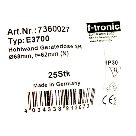 F-tronic Hohlwanddose 1 Stück Unterputzdose HW Schalterdose Gerätedose Verbindungsdose t=61mmwinddicht Ø68mm orange VDE 7360027