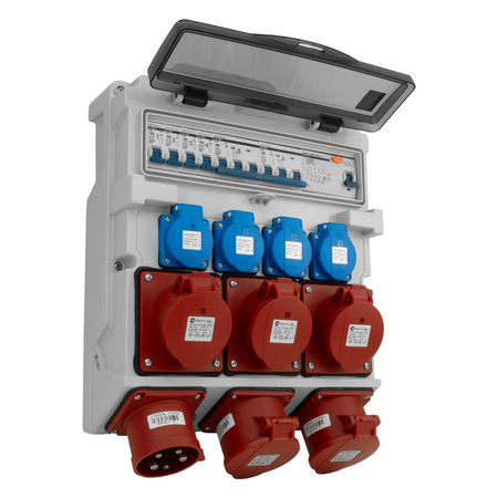 Baustromverteiler 3x16A 2x32A CEE 4x230V Stromverteiler mit Handgriff und Anbaustecker Doktorvolt TR-S/FI DV-5053-D