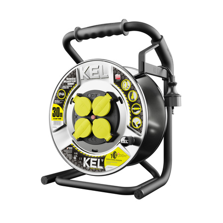 Kabeltrommel 30m HEAVY LINE 3x2,5mm Schwarz mit Metalltrommel 4x 230V-Steckdosen W-99453
