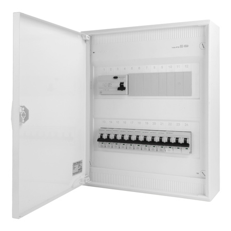 Sicherungskasten Aufputz Verteilerkasten 2-reihig 24 Module 10xMCB 1xRCCB VDE verdrahtet Verteilerschrank mit Sicherungen 370x305x96,5mm Hager Hohlwand Verteiler Abzweigklemmen Doktorvolt  DV-6326-NT