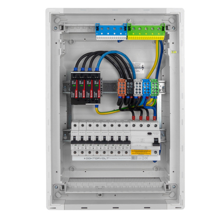 Sicherungskasten Unterputz Verteilerkasten 2-reihig 24 Module 8xMCB 1xRCCB VDE Saltek Überspannungsschutz Unterverteilung verdrahtet Verteilerschrank mit Sicherungen 505,50x348x98mm Hager Hohlwand Verteiler Abzweigklemmen Doktorvolt  DV-6203-PT