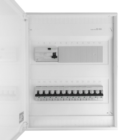 Sicherungskasten Aufputz Verteilerkasten 2-reihig 24 Module 10xMCB 1xRCCB VDE verdrahtet Verteilerschrank mit Sicherungen 370x305x96,5mm Hager Hohlwand Verteiler Abzweigklemmen Doktorvolt  DV-6326-NT