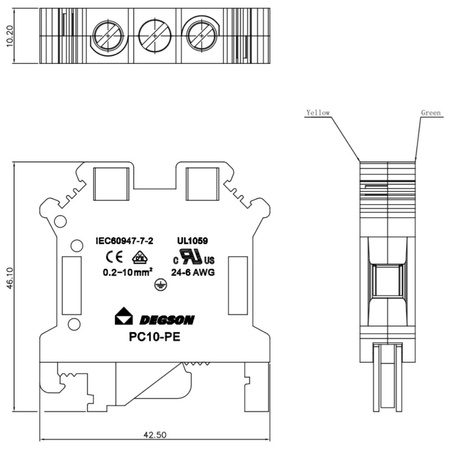 Schutzleiter-Reihenklemme 10mm2 gelb-grün Erdungsklemme VDE UL PC10-PE-01P-1Y-00AH