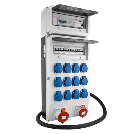 Baustromverteiler 32A 16A 12x230V mit MID-Energiezähler Mennekes Steckdosen und 5x10mm² Kabel Doktorvolt® eXT-S/FI DV-8218-F