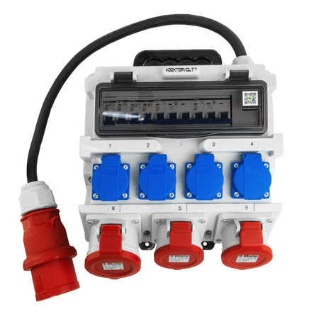 Baustromverteiler 2x16A 32A CEE 4x230V Mobilverteiler mit Griff und Kabel mit 32A CEE-Stecker Stromverteiler Doktorvolt DV-1420-F