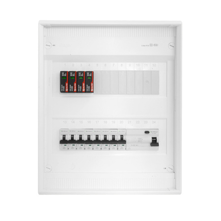 Sicherungskasten Aufputz Verteilerkasten 2-reihig 24 Module 8xMCB 1xRCCB VDE Saltek Überspannungsschutz verdrahtet Verteilerschrank mit Sicherungen 370x305x96,5mm Hager Hohlwand Verteiler Abzweigklemmen Doktorvolt  DV-6302-NT