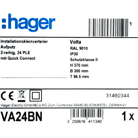 Verteilerschrank Aufputz Sicherunngskasten 2 Reihen 24 Module Verteilerkasten Kleinverteiler weiß Hager Volta 2x12 VA24BN