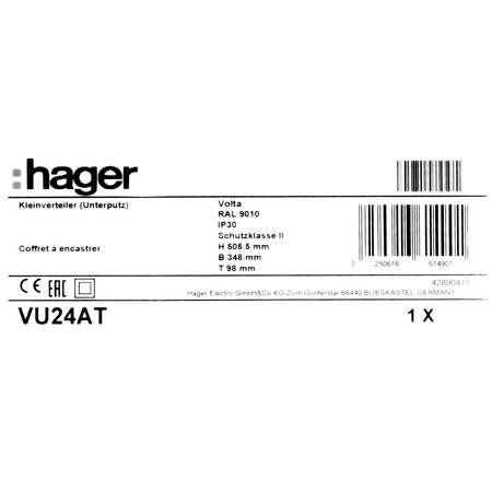 Verteilerschrank Unterputz Sicherunngskasten 2 Reihen 24 Modulen Verteilerkasten Kleinverteiler weiß Hager Volta 2x12 VU24AT