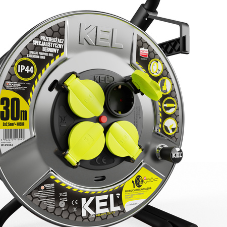 Kabeltrommel 30m HEAVY LINE 3x2,5mm Schwarz mit Metalltrommel 4x 230V-Steckdosen W-99453