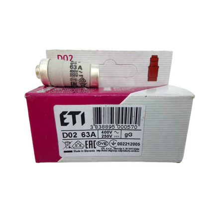 1 Stück Sicherungseinsatz Schmelzsicherung ETI Porzellan Sicherung D02 63A/400V 002212005
