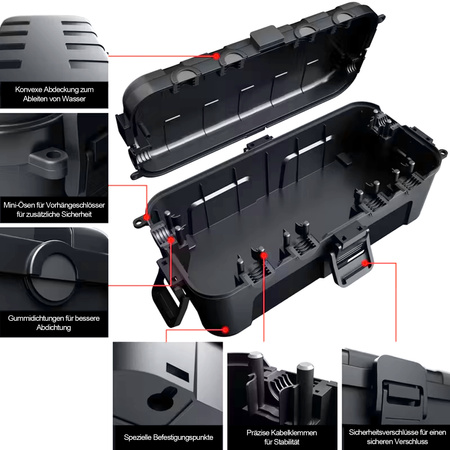 Kabelbox wasserdicht 29x13,2x10cm außen Kabelkasten für Verlängerungskabel, Steckdosenleisten große Elektrobox 6 Durchlässe Garten Organizer Schwarz Camping Box für Weihnachtsbaumbeleuchtung DV-6654 Doktorvolt