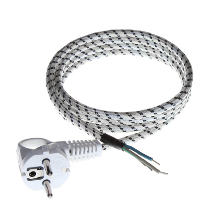 Anschlusskabel PP-S-15 H03RT-F 1,5m 3x0,75 mm² mit Winkelstecker Uni-Schuko 250V 16A in einem Geflecht Weiß-Schwarz T-07280