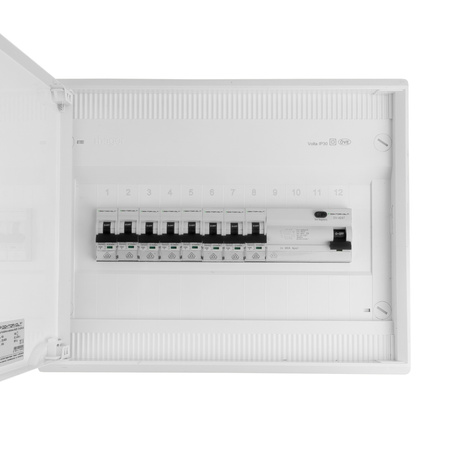 Sicherungskasten Aufputz Verteilerkasten 1-reihig 12 Module 8xMCB 1xRCCB VDE verdrahtet Verteilerschrank mit Sicherungen 245x305x96,5mm Hager Hohlwand Verteiler Doktorvolt DV-6296-NT