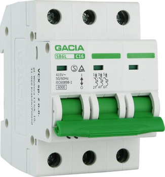 Leitungsschutzschalter 3P 16A SB6L C – 3 Module, für Hutschiene, Sicherung 415V AC IP20 SB6L C 3P 16A