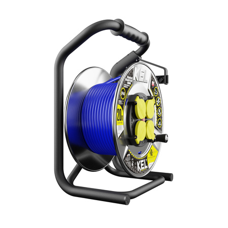 Kabeltrommel 30m HEAVY LINE blau mit Metalltrommel und 4 230 V-Steckdosen W-99451