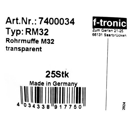 F-tronic Rohrmuffe zur Verbindung 25 Stück M32 Verbindungsmuffen transparent Muffe 740 RM32