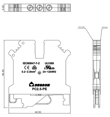 Schutzleiter-Reihenklemme 2.5mm2 gelb-grün Erdungsklemme VDE UL PC2.5-PE-01P-1Y-00AH