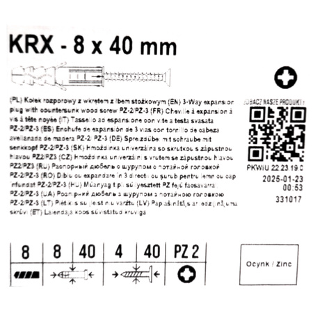 Dübel 8x40mm Set mit Schrauben Schraubenset 4x40mm 100 Stück Rahmendübel Schlagdübel Universaldübel Klimas KRX-084040