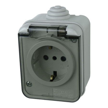 Steckdose Schuko m. Klappdeckel Aufputz IP44 grau M-L 1592