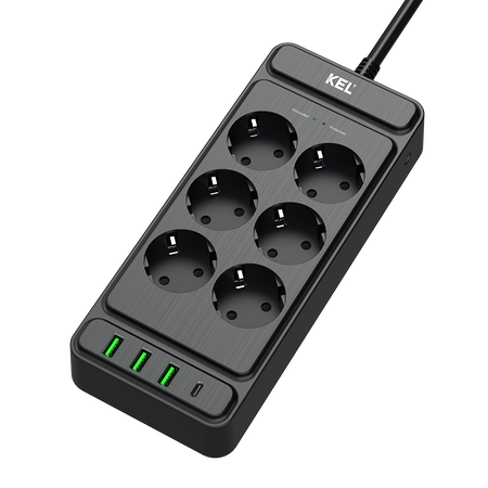 Steckdosenleiste mit 6x Schuko 230V 3x USB-A 1x USB-C 2m Schwarz W-00354
