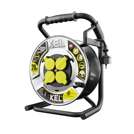 Kabeltrommel 20m HEAVY LINE 3x2,5mm Schwarz mit Metalltrommel 4x 230V-Steckdosen W-99437