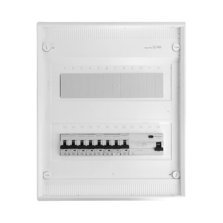 Sicherungskasten Aufputz Verteilerkasten 2-reihig 24 Module 8xMCB 1xRCCB VDE verdrahtet Verteilerschrank mit Sicherungen 370x305x96,5mm Hager Hohlwand Verteiler Abzweigklemmen Doktorvolt  DV-6319-NT