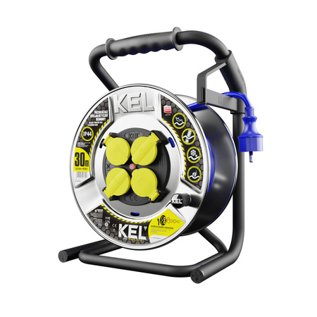 Kabeltrommel 30m HEAVY LINE 3x2,5mm Blau mit Metalltrommel 4x 230V-Steckdosen W-99455