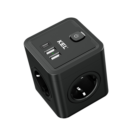 Steckdosenadapter mit 4x 230V Schuko Steckdosen 2x USB-A 1x USB-C Schwarz W-00359