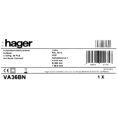 Verteilerschrank Aufputz Sicherunngskasten 3 Reihen 36 Modulen Verteilerkasten Kleinverteiler weiß Hager Volta 3x12 VA36BN