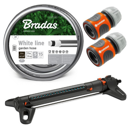 Set Gartenbewässerung Bradas Gartenschlauch ⅝” 30m + 2x Bradas Schlauchverbinder + Gardena Rasensprenger AquaZoom L 350 m² DVZ-0003