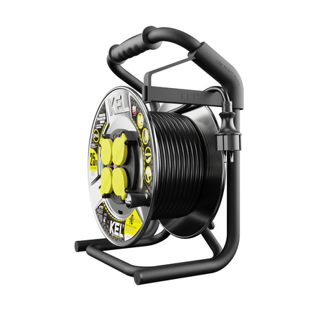 Kabeltrommel 25m HEAVY LINE 3x2,5mm Schwarz mit Metalltrommel 4x 230V-Steckdosen W-99445