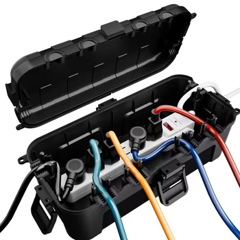 Kabelbox wasserdicht 29x13,2x10cm außen Kabelkasten für Verlängerungskabel, Steckdosenleisten große Elektrobox 6 Durchlässe Garten Organizer Schwarz Camping Box für Weihnachtsbaumbeleuchtung DV-6654 Doktorvolt