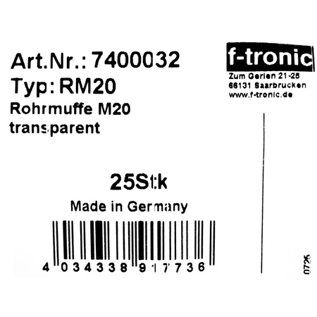 F-tronic Rohrmuffe zur Verbindung 1 Stück M20 Verbindungsmuffen transparent Muffe 7400032