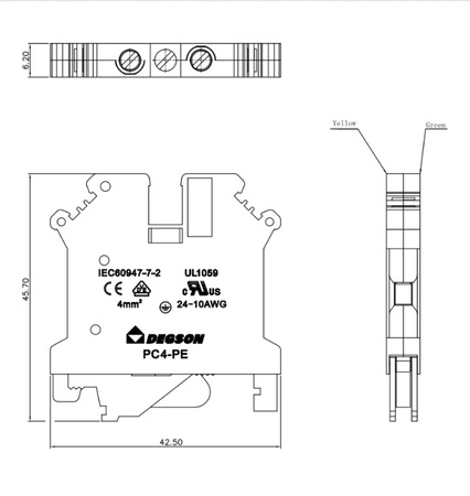 Schutzleiter-Reihenklemme 4mm2 gelb-grün Erdungsklemme VDE UL PC4-PE-01P-1Y-00A(H)