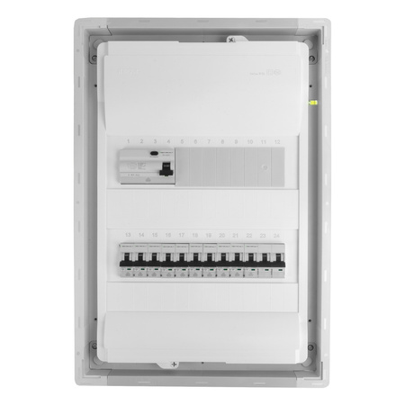 Sicherungskasten Unterputz Verteilerkasten 2-reihig 24 Module 10xMCB 1xRCCB VDE Unterverteilung verdrahtet Verteilerschrank mit Sicherungen 505,50x348x98mm Hager Hohlwand Verteiler Abzweigklemmen L1, L2, L3, N, PE Doktorvolt  DV-6227-PT