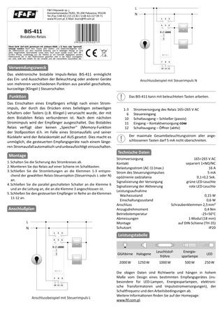 Bistabile pulse Stromstoßrelais Relais F&F BIS-411 230V
