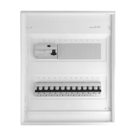 Sicherungskasten Aufputz Verteilerkasten 2-reihig 24 Module 10xMCB 1xRCCB VDE verdrahtet Verteilerschrank mit Sicherungen 370x305x96,5mm Hager Hohlwand Verteiler Abzweigklemmen Doktorvolt  DV-6326-NT