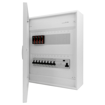 Sicherungskasten Aufputz Verteilerkasten 2-reihig 24 Module 8xMCB 1xRCCB VDE Saltek Überspannungsschutz verdrahtet Verteilerschrank mit Sicherungen 370x305x96,5mm Hager Hohlwand Verteiler Abzweigklemmen Doktorvolt  DV-6302-NT