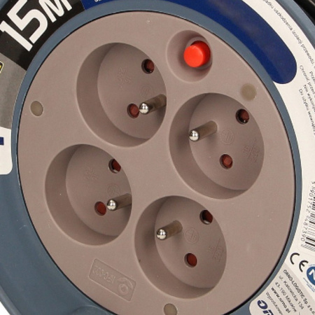 Kabeltrommel Verlängerungskabel franz. System MINI grau 3x1mm² 15m 4x2P+E OR-AE-1339/G