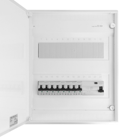 Sicherungskasten Aufputz Verteilerkasten 2-reihig 24 Module 8xMCB 1xRCCB VDE verdrahtet Verteilerschrank mit Sicherungen 370x305x96,5mm Hager Hohlwand Verteiler Abzweigklemmen Doktorvolt  DV-6319-NT