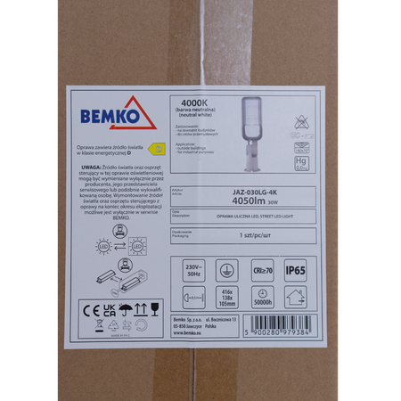 Straßenleuchte Straßenlaterne Straßenlampe JAZMIN 30W 4000K 4050LM IP65 Hellgrau C82-JAZ-030LG-4K