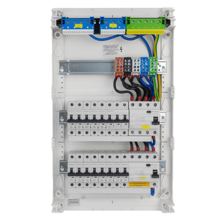 Sicherungskasten Aufputz Verteilerkasten 3-reihig 36 Module 14xMCB 2xRCCB VDE verdrahtet Verteilerschrank mit Sicherungen 515x305x96,5mm Hager Hohlwand Verteiler Abzweigklemmen Doktorvolt  DV-6333-NT