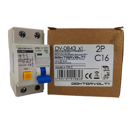 FI-Schutzschalter mit Überstromschutz C16 Typ A 30mA 2P 16A RCBO Doktorvolt DV-0843