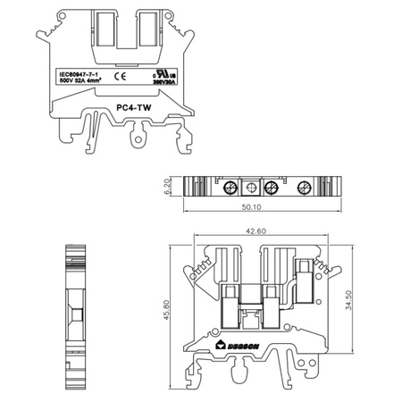 Reihenklemme 4mm2 3 Leiter Durchgangsklemme Grau UL PC4-TW-01P-11-00A(H)