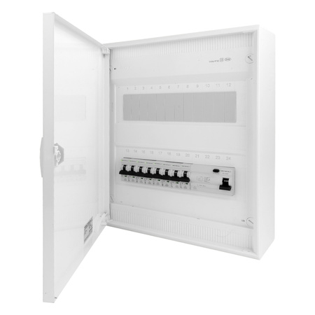 Sicherungskasten Aufputz Verteilerkasten 2-reihig 24 Module 8xMCB 1xRCCB VDE verdrahtet Verteilerschrank mit Sicherungen 370x305x96,5mm Hager Hohlwand Verteiler Abzweigklemmen Doktorvolt  DV-6319-NT