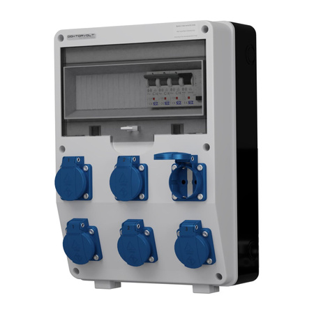 Doktorvolt Stromverteiler TD-S/Fi 6x230V mit Fehlstromabgesicherter Mennekes Steckdosenkombination DV-0601-D