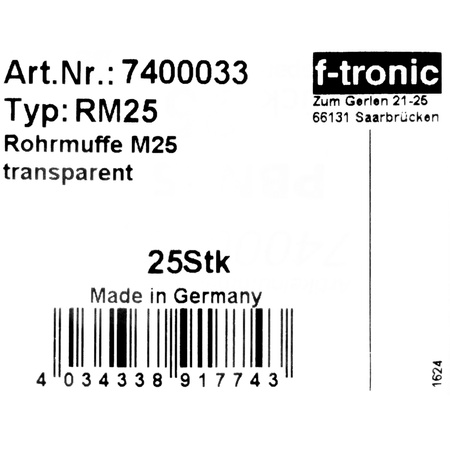 F-tronic Rohrmuffe zur Verbindung 25 Stück M25 Verbindungsmuffen transparent Muffe 740 RM25