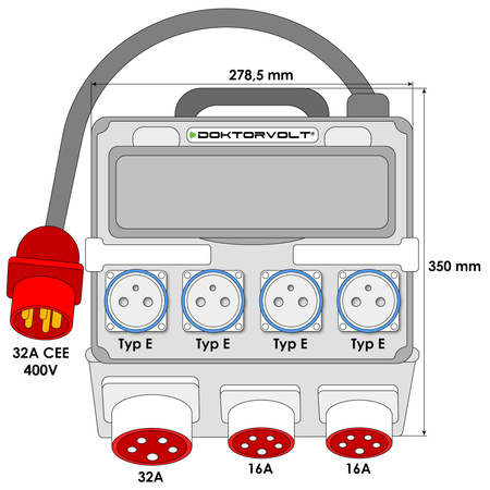 Baustromverteiler 2x16A 32A CEE 4x230V Mobilverteiler mit Griff und Kabel mit 32A CEE-Stecker Stromverteiler Doktorvolt DV-1437-F